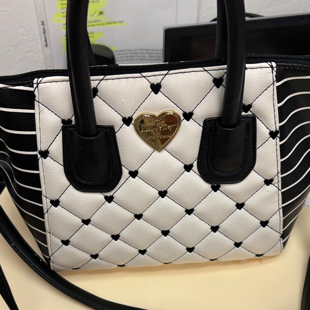 Betsey Johnson Black and White Striped Satchel/Crossbody